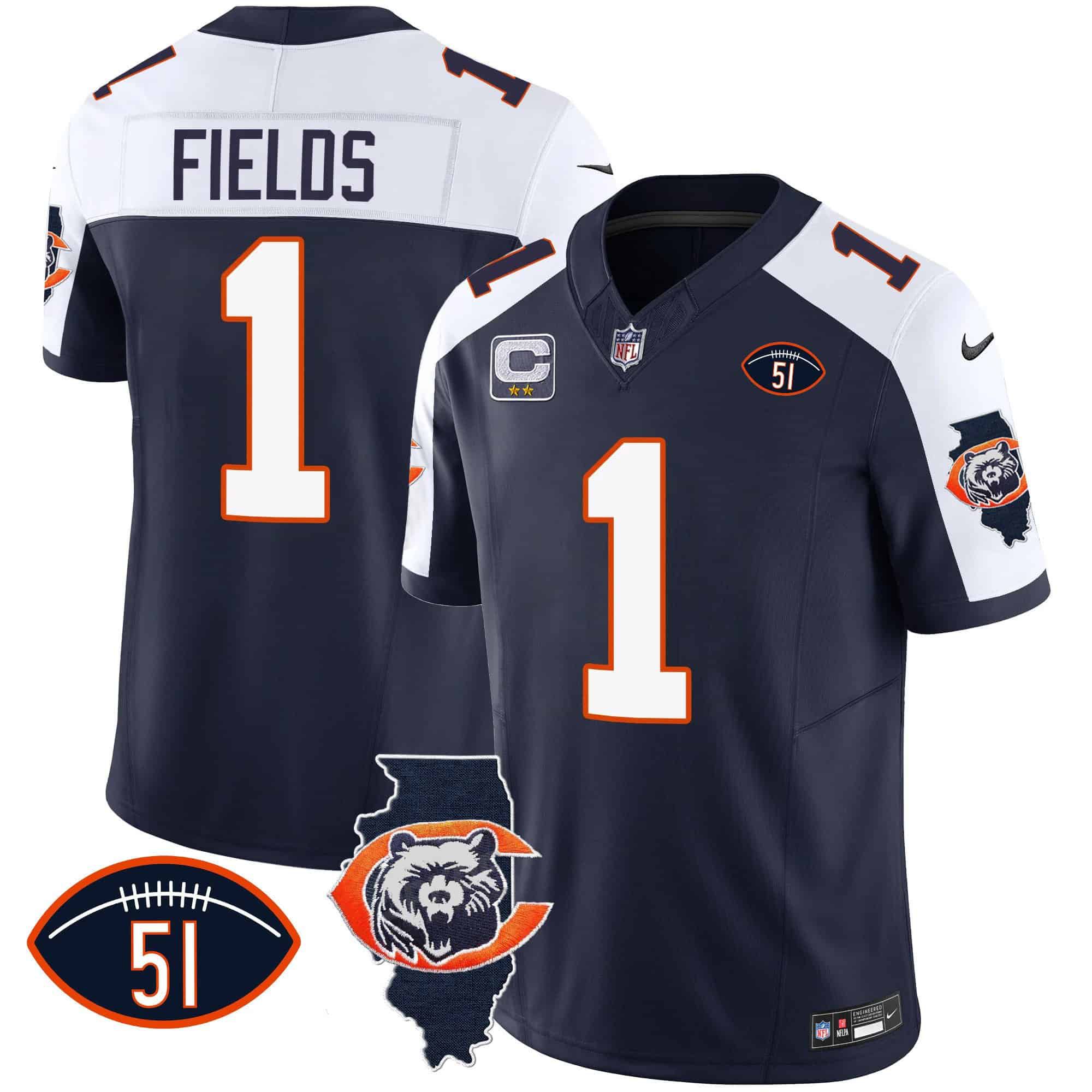 Men Chicago Bears #1 Fields Blue 2024 Nike Throwback Illinois Patch Vapor NFL Jersey